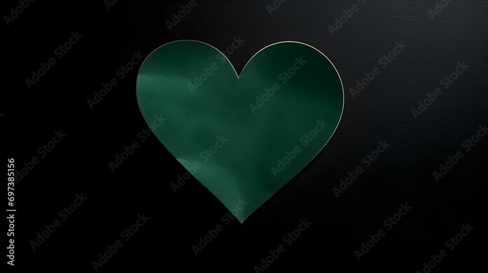 Emerald Paper Heart on a black Background. Romantic Template with Copy Space
