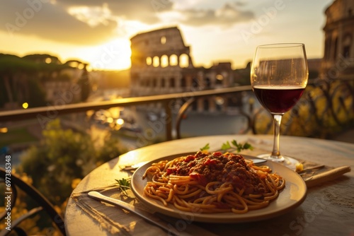 Classic Flavors in Rome: Spaghetti Bolognese on a Rustic Table at a Cozy Café, Accompanied by Full-Bodied Red Wine - The Majestic Colosseum Provides a Stunning Backdrop to the Sunset Dining Experience