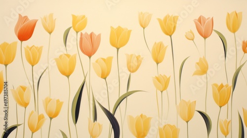  a painting of yellow and orange tulips on a white wall in a room with no one in it.
