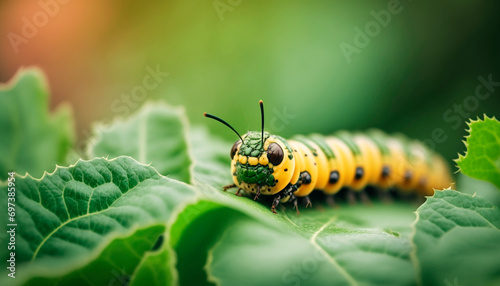 Caterpillar on vegetable leaves, pest control in agriculture concept. Generative AI, © Milena