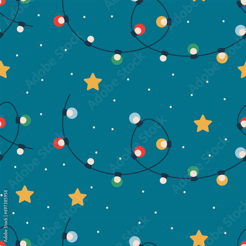 Christmas pattern with garland with light bulbs, stars. © Inna
