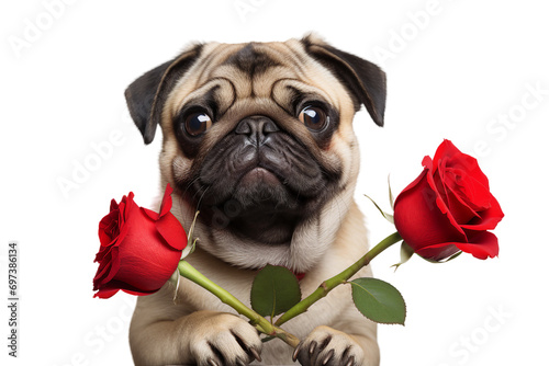 dog hold red rose on transparent background