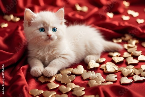 Cute kitten with golden hearts on red background. Valentine' s Day.