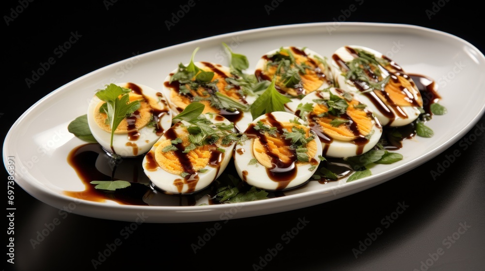 a white plate topped with deviled eggs covered in sauce and garnished with green leafy garnish. a white plate topped with deviled eggs covered in sauce and garnished with green leafy garnish.