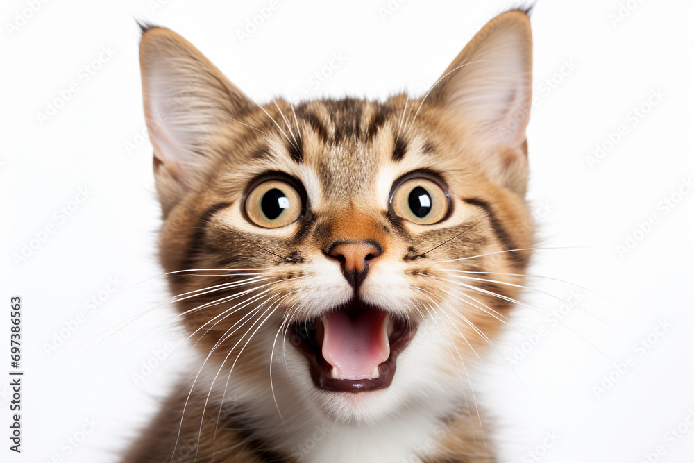 Fototapeta premium Whimsical Whiskers: Expressive Cat on a White Canvas