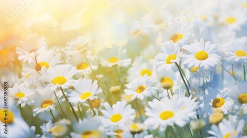  a field of white and yellow daisies with the sun shining through the clouds in the background.