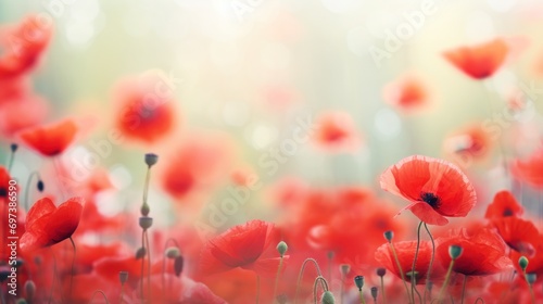  a field full of red flowers with green stems and stems in the foreground, with a blurry background.