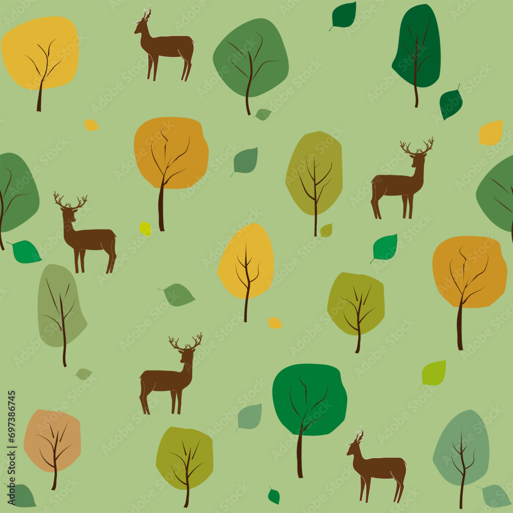 Obraz premium Autumn tree and deers seamless pattern