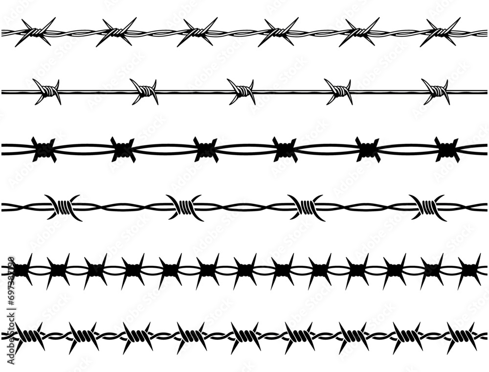 Barbed wire. Razor wire silhouettes. Barbed wire metallic border