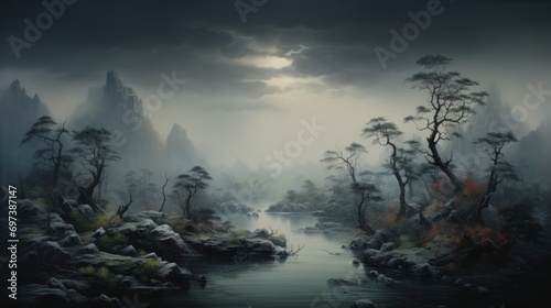  a painting of a river in the middle of a forest with mountains in the background and a full moon in the sky.