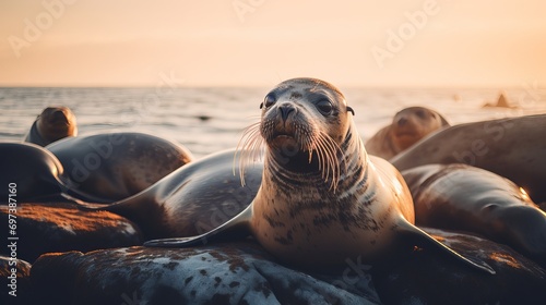 A close-up view of a group of sea lions lying on rocks. © Shabnam