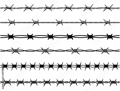 Barbed wire. Razor wire silhouettes. Barbed wire metallic border elements  sharply barb wire fencing vector symbols set. Prison barbed wire