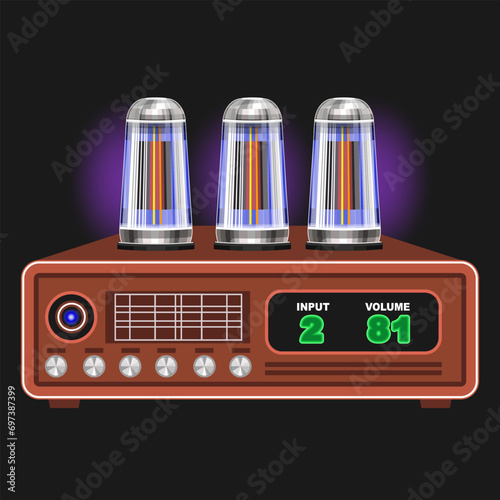 Tube audio power amplifier. Vintage hi-fi equipment. Purple glow on a dark background. Vector illustration