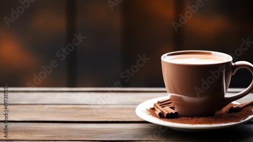  a close up of a cup of coffee on a saucer with cinnamon on a saucer on a wooden table.