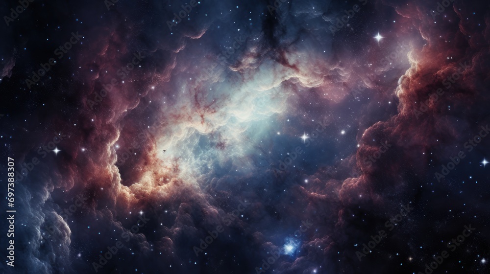  a large cluster of stars in the middle of a space filled with red, blue, and white clouds and stars.