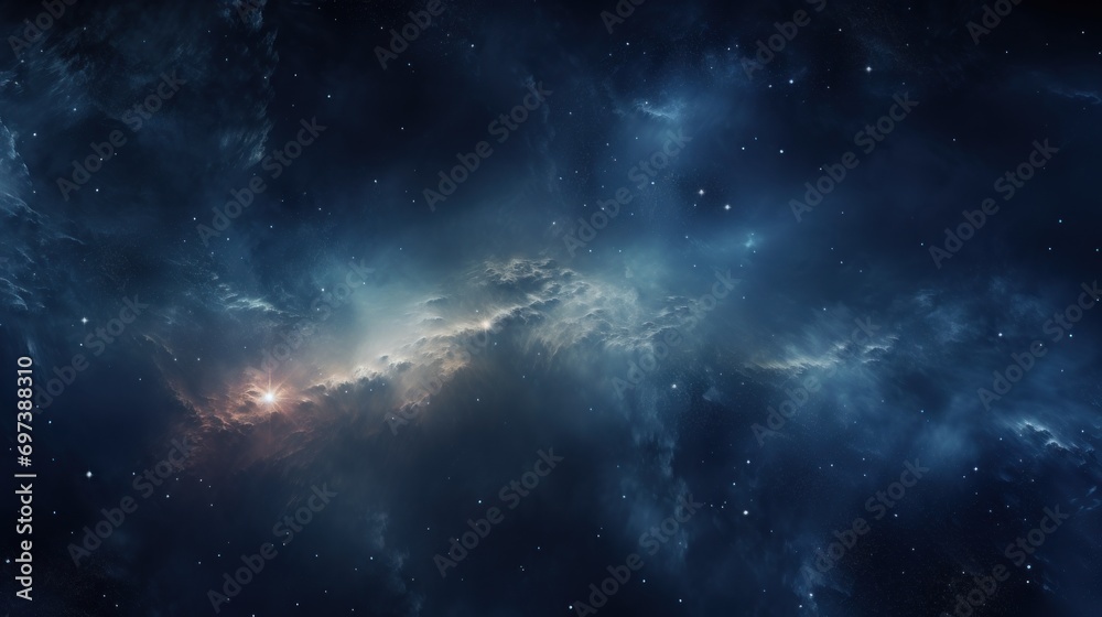 Fototapeta premium a space filled with lots of stars and a sky filled with lots of blue and white clouds in the middle of the night.