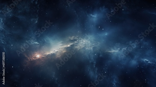 a space filled with lots of stars and a sky filled with lots of blue and white clouds in the middle of the night.