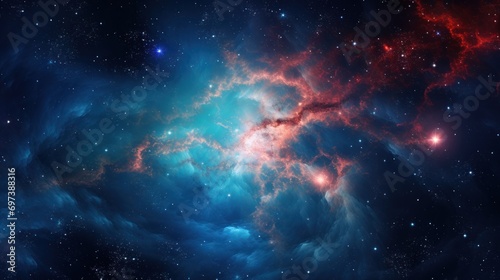  a large cluster of stars in the middle of a space filled with blue, red and white clouds and stars.