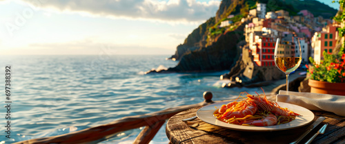 Mediterranean Seafood Feast: Fresh Seafood Linguine and Crisp Vermentino Wine - A Coastal Dining Experience Along the Rugged Cliffs of Cinque Terre, Italy.

 photo