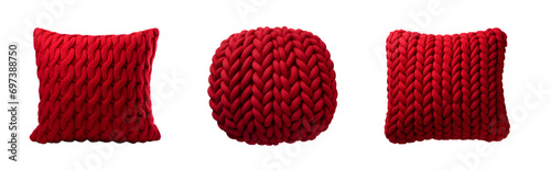 Set of Cozy Red Knitted Pillows  An arrangement of sizable knitted pillows in warm hues  perfect for adding comfort and style to your living room  sofa  Isolated on Transparent Background  PNG