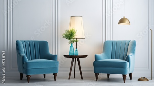 Blue armchairs and a floor lamp are part of a classic interior © Shabnam