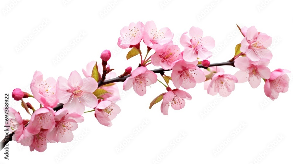Pink cherry blossom on white background, isolated Sakura tree branch