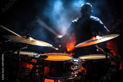 Man plays musical percussion instrument, drums on stage