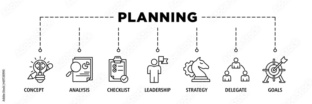 Planning banner web icon set vector illustration concept with icon of concept, analysis, checklist, leadership, strategy, delegate and goals Planning banner web icon set vector illustration concept with icon of concept, analysis, checklist, leadership, strategy, delegate and goals