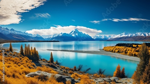 In new zealand, you will see a breathtaking view of lake pukaki with mount cook in the background. photo
