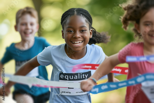 Children of different origins participating in a solidarity race for equality, crossing the finish line, celebrating diversity in a school race