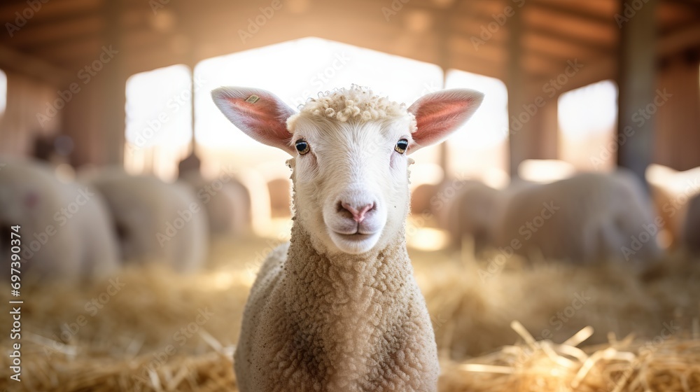 A lovable lamb staring at the front in a cattle barn is depicted in this portrait.
