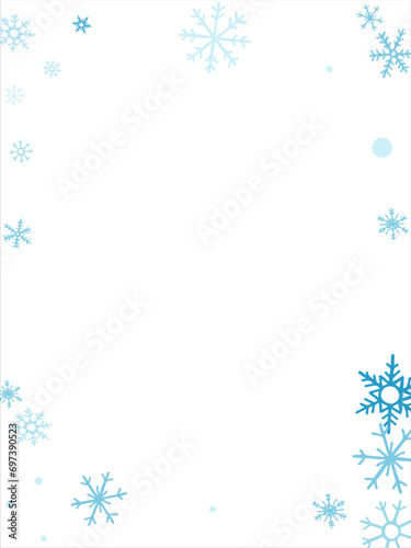 winter snow with blue snowflakes on a white background. Festive Christmas banner, New Year card. Symbols of frosty winter. Vector illustration.