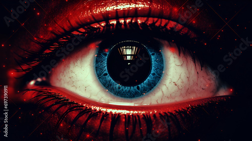 An eerie crimson eye, reminiscent of a scene from a horror film.