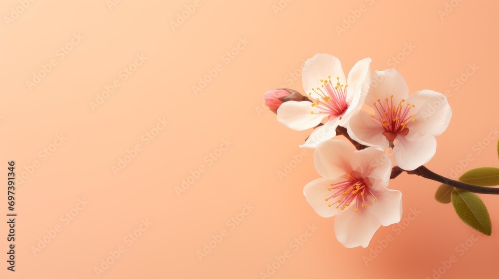 Fototapeta premium Flowers on a peach fuzz and pink shade background and copy space