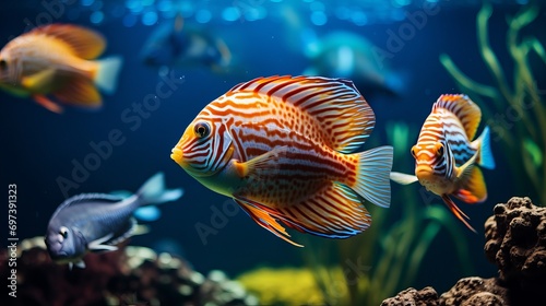 An aquarium with blue water and orange fish swimming in it