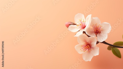  Flowers on a peach fuzz and pink shade background and copy space © Katya