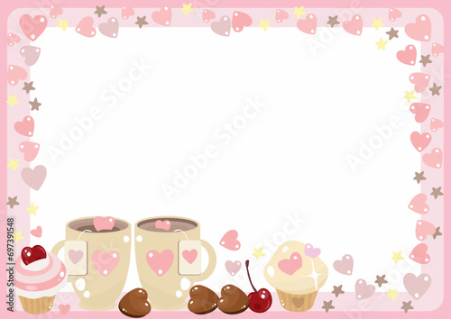 Heart frame with pair of cups, chocolate hearts, cakes, cherry. Valentine's Day frame design, vector illustration. Sentimental design, Love theme, Romantic atmosphere