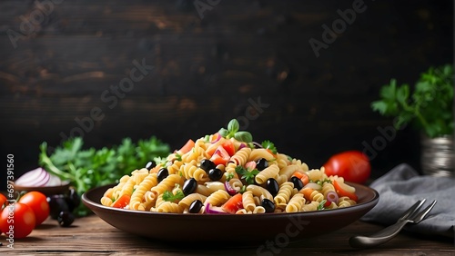 Savory Pasta Salad Plated on Rich Dark Wood Background, Tempting Culinary Delight