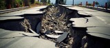 Earthquake causes road to crack due to poor construction.