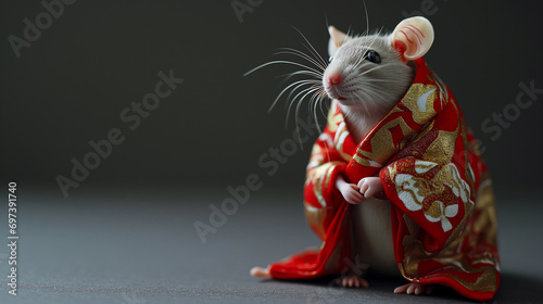 A white mouse dressed in a red auspicious Chinese costume. © Preeyada