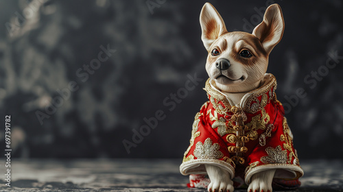 The dog wears a red auspicious Chinese costume photo