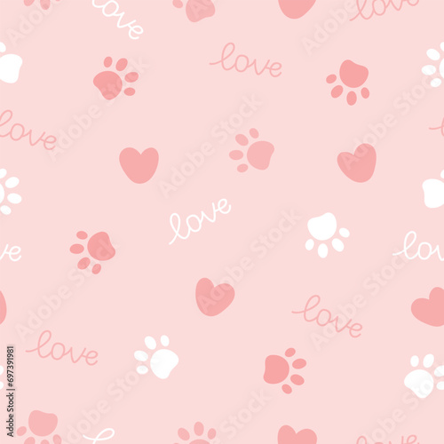 Pet paw seamless pattern. Vector illustration with paw and hearts on pink background. It can be used for wallpapers, wrapping, cards, patterns for clothes and other.