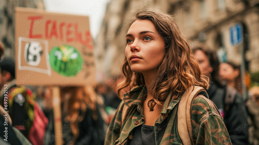 Fototapeta premium Portrait of a climate activist at a protest holding a sign.