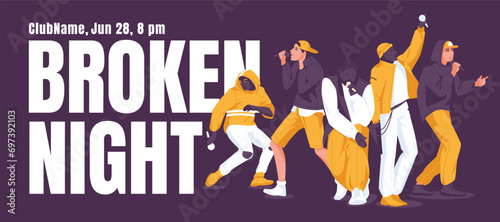 Rap battle advertising banner. Various singers on large fonts and dark background. Night club entertainment. Vector flat illustration