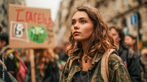 Portrait of a climate activist at a protest holding a sign. photo