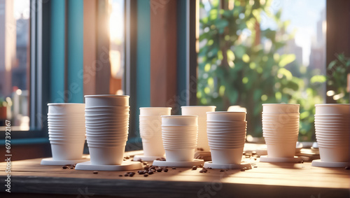 Paper cups with coffee in a coffee shop design