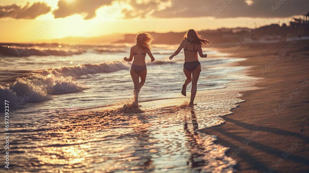 young women in running on beach at sunset