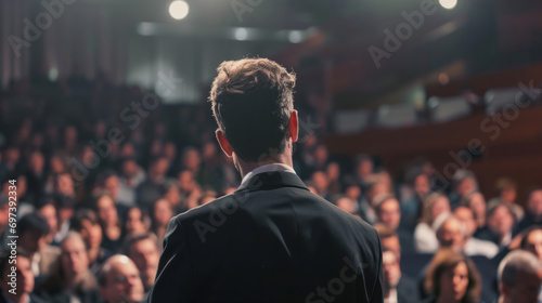 A Confident Speaker Captivating an Engaged Audience