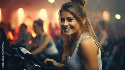 Smiling woman doing spinning on the gym.