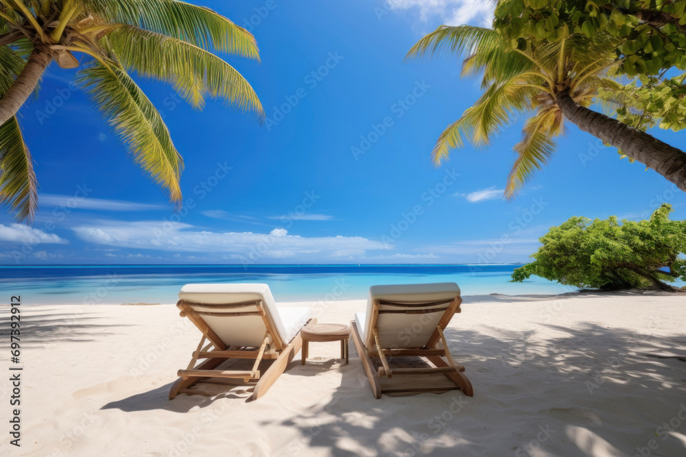Two luxury sun loungers on a tropical white sand beach	
